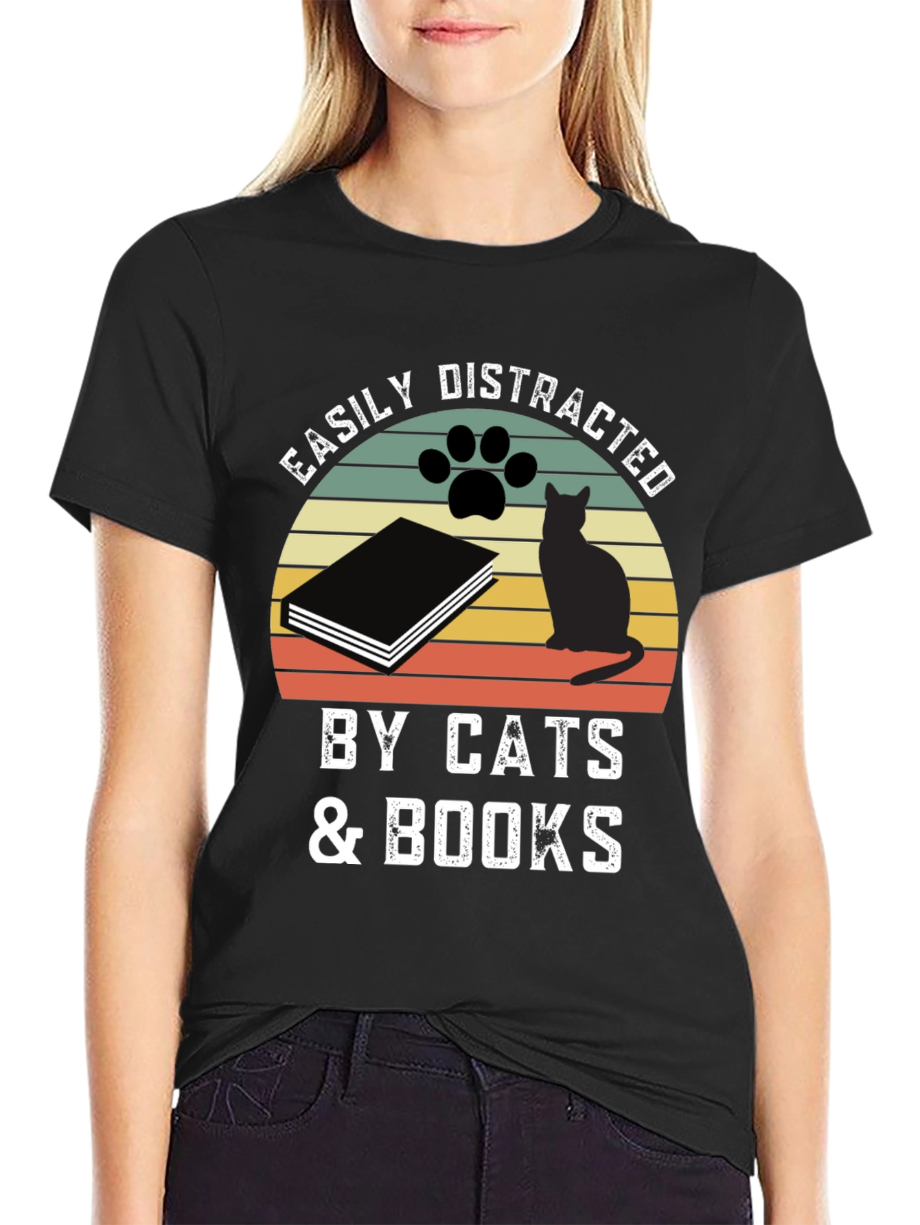 Easily Distracted by Cats & Books Graphic T-Shirt