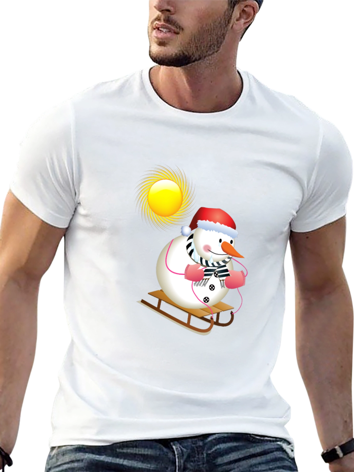 Festive Snowman Sledding T-Shirt - Holiday Cheer