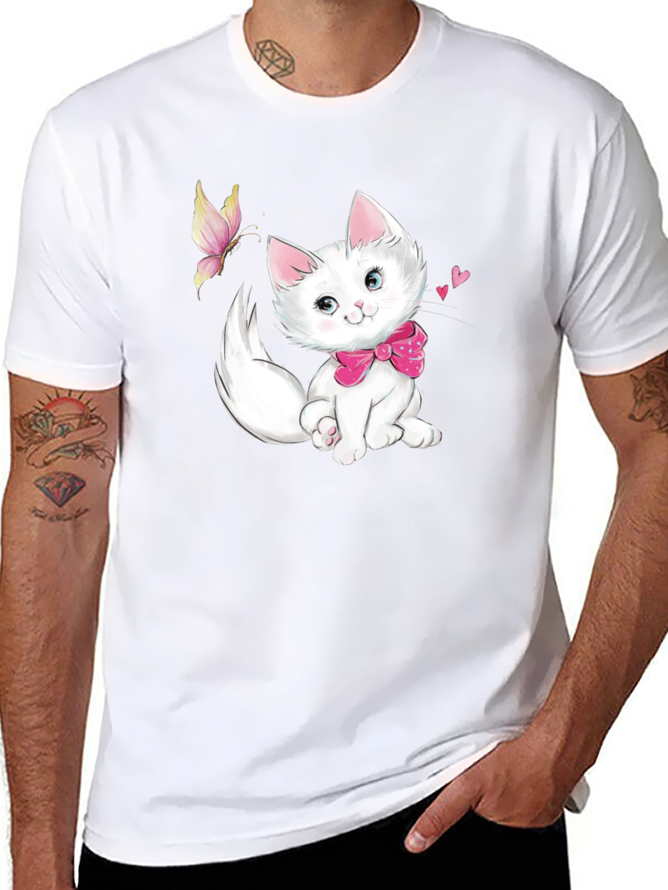Cute Kitten & Butterfly Black T-Shirt