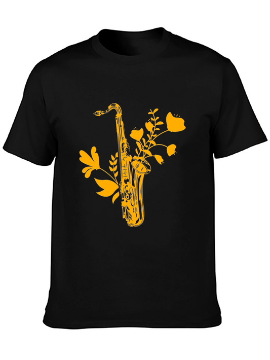 Saxophone Floral Graphic Tee - Black Cotton Comfort