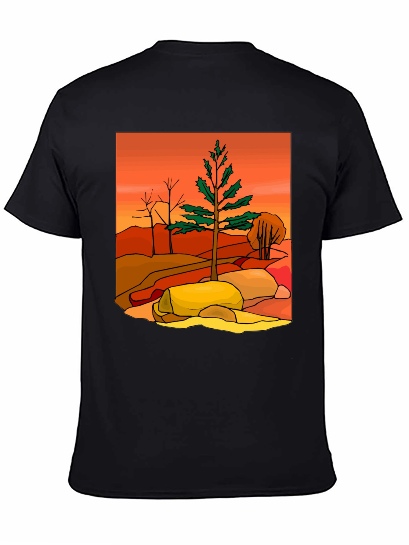 Nature Scene Graphic Tee - Casual Black T-Shirt
