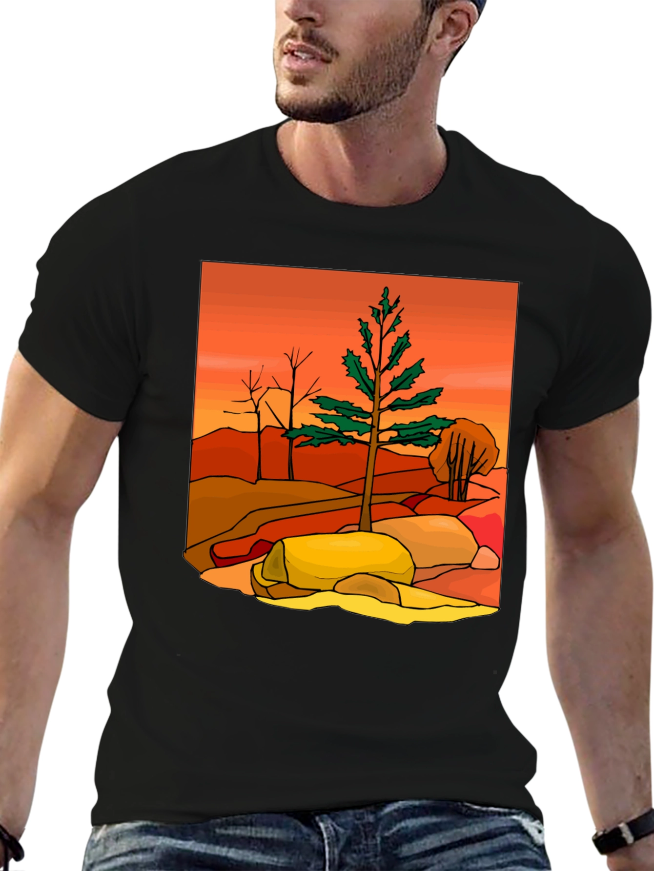 Nature Scene Graphic Tee - Casual Black T-Shirt