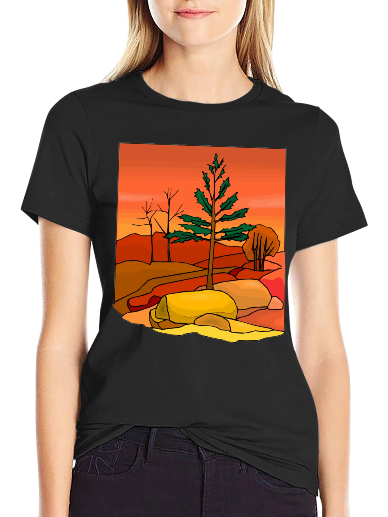 Nature Scene Graphic Tee - Casual Black T-Shirt