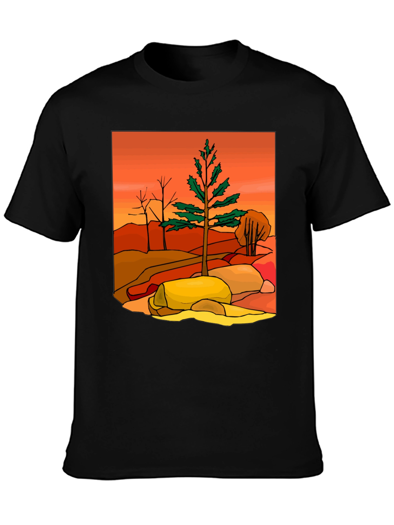 Nature Scene Graphic Tee - Casual Black T-Shirt