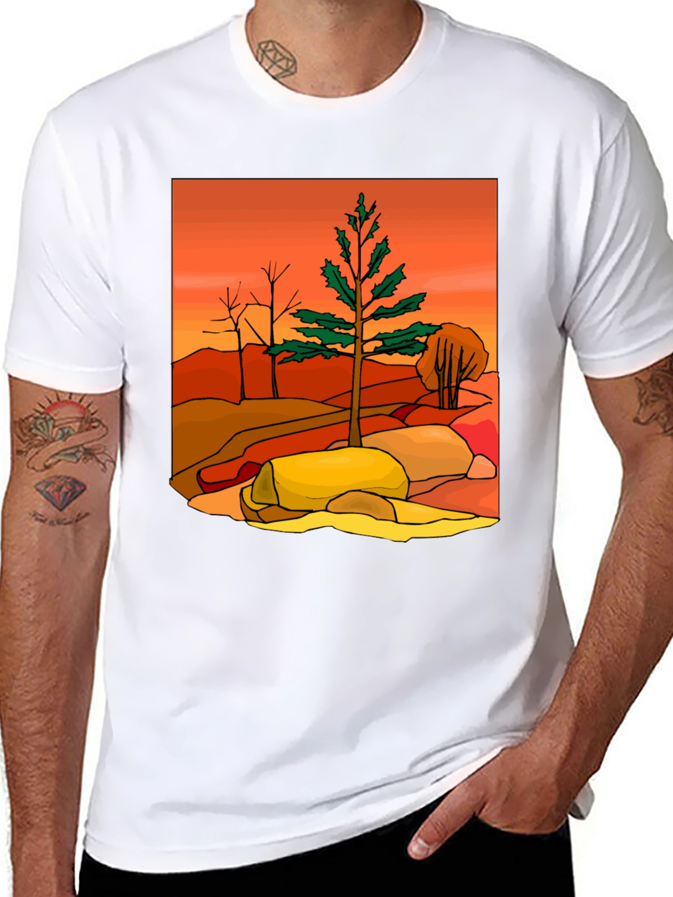 Nature Scene Graphic Tee - Casual Black T-Shirt