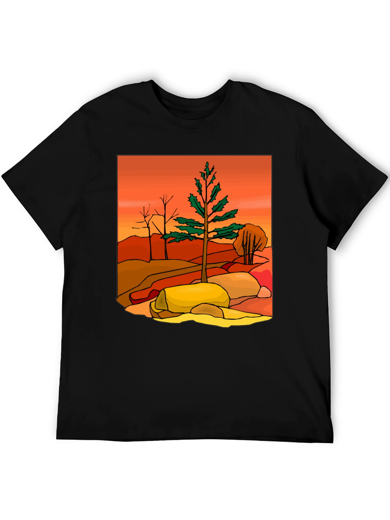 Nature Scene Graphic Tee - Casual Black T-Shirt