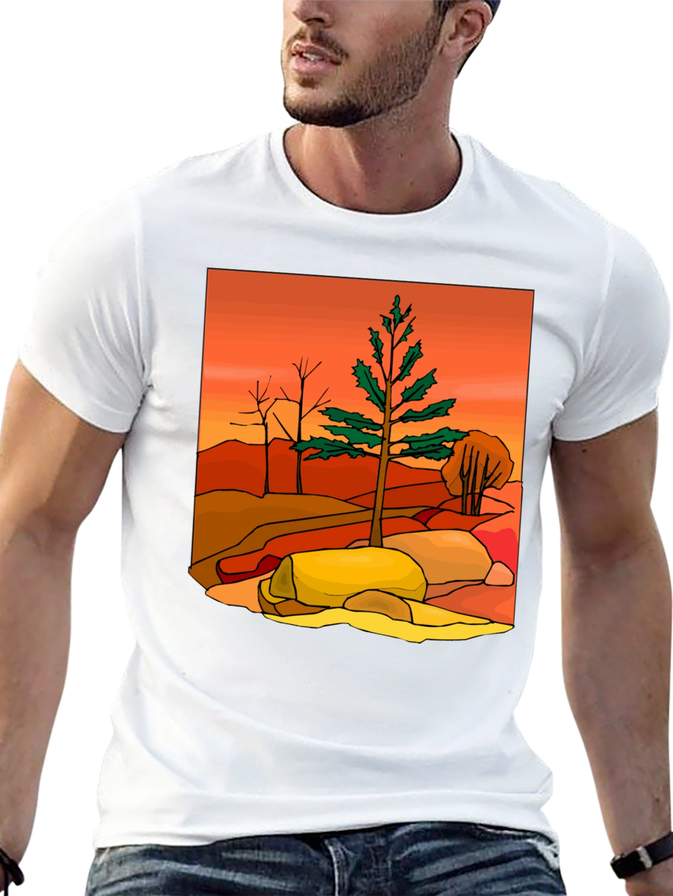 Nature Scene Graphic Tee - Casual Black T-Shirt