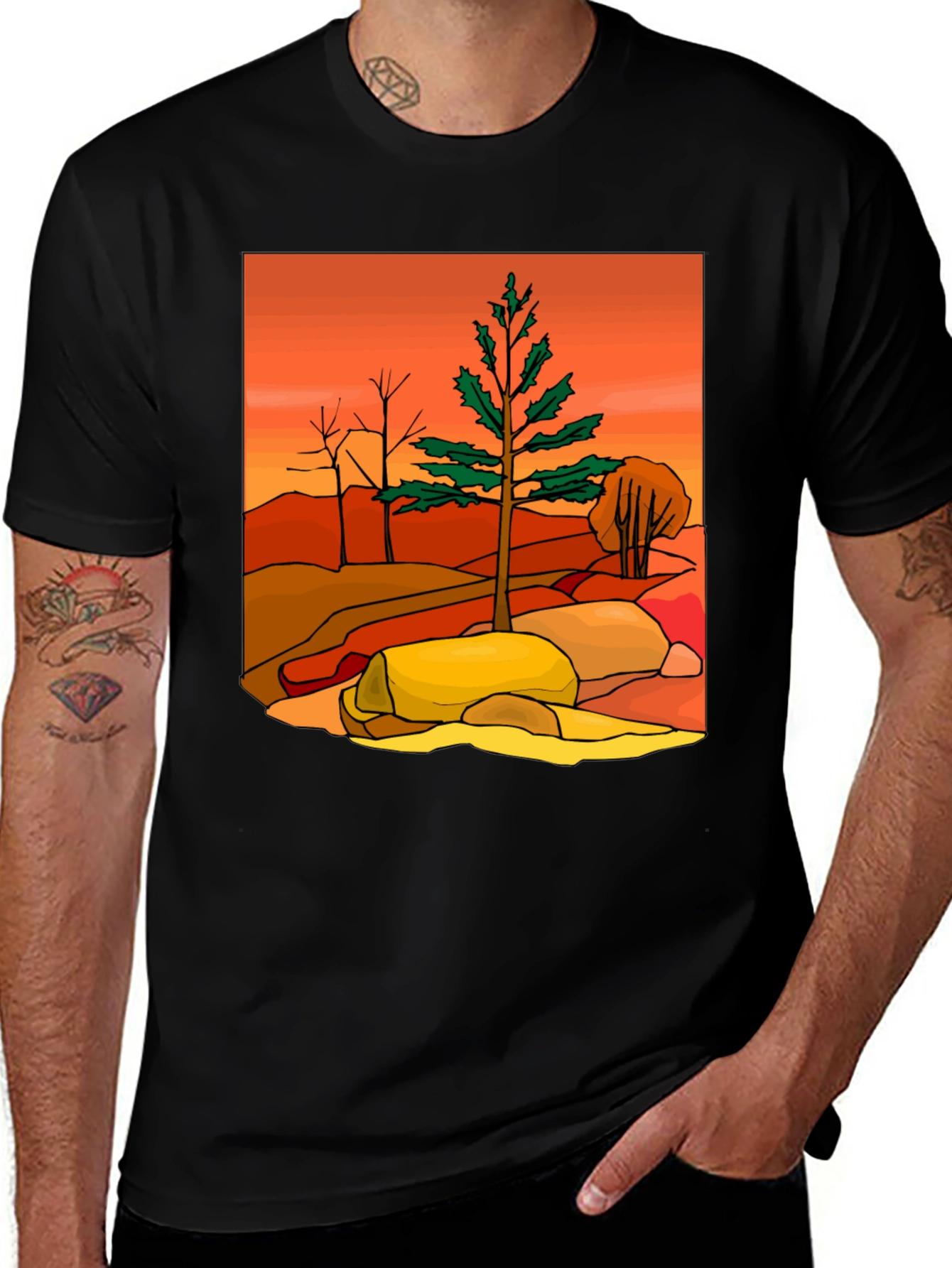 Nature Scene Graphic Tee - Casual Black T-Shirt