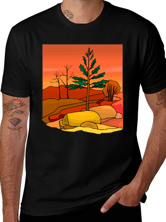 Nature Scene Graphic Tee - Casual Black T-Shirt