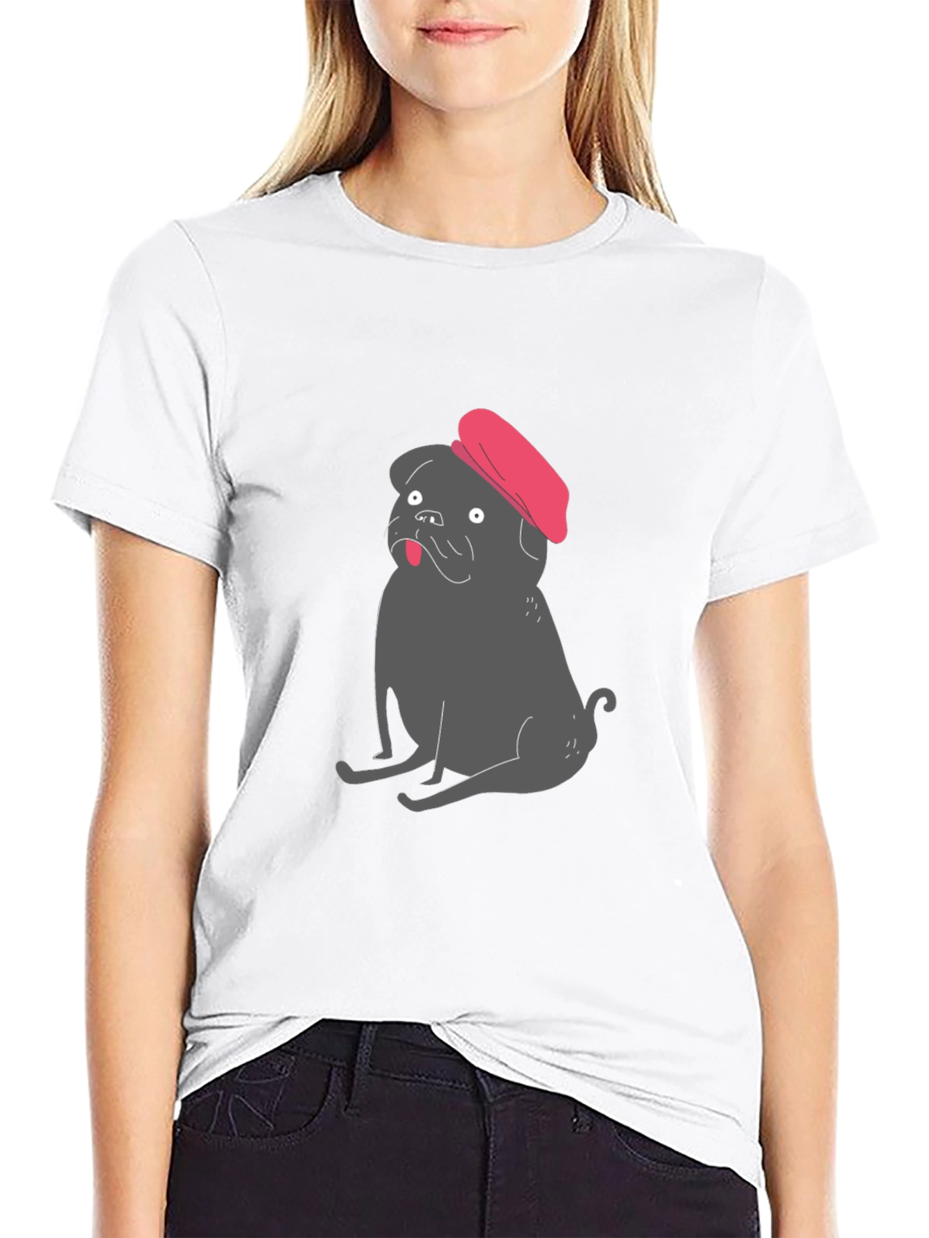Pug with Beret Graphic Tee - Black