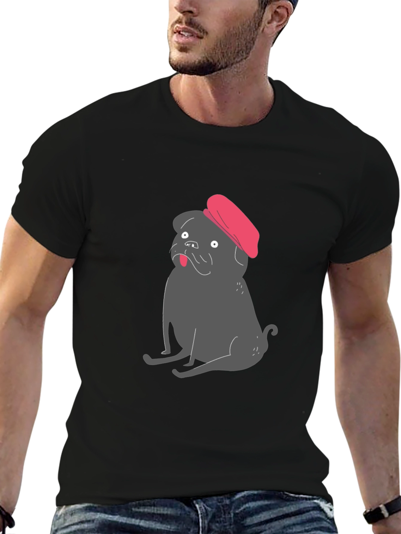 Pug with Beret Graphic Tee - Black