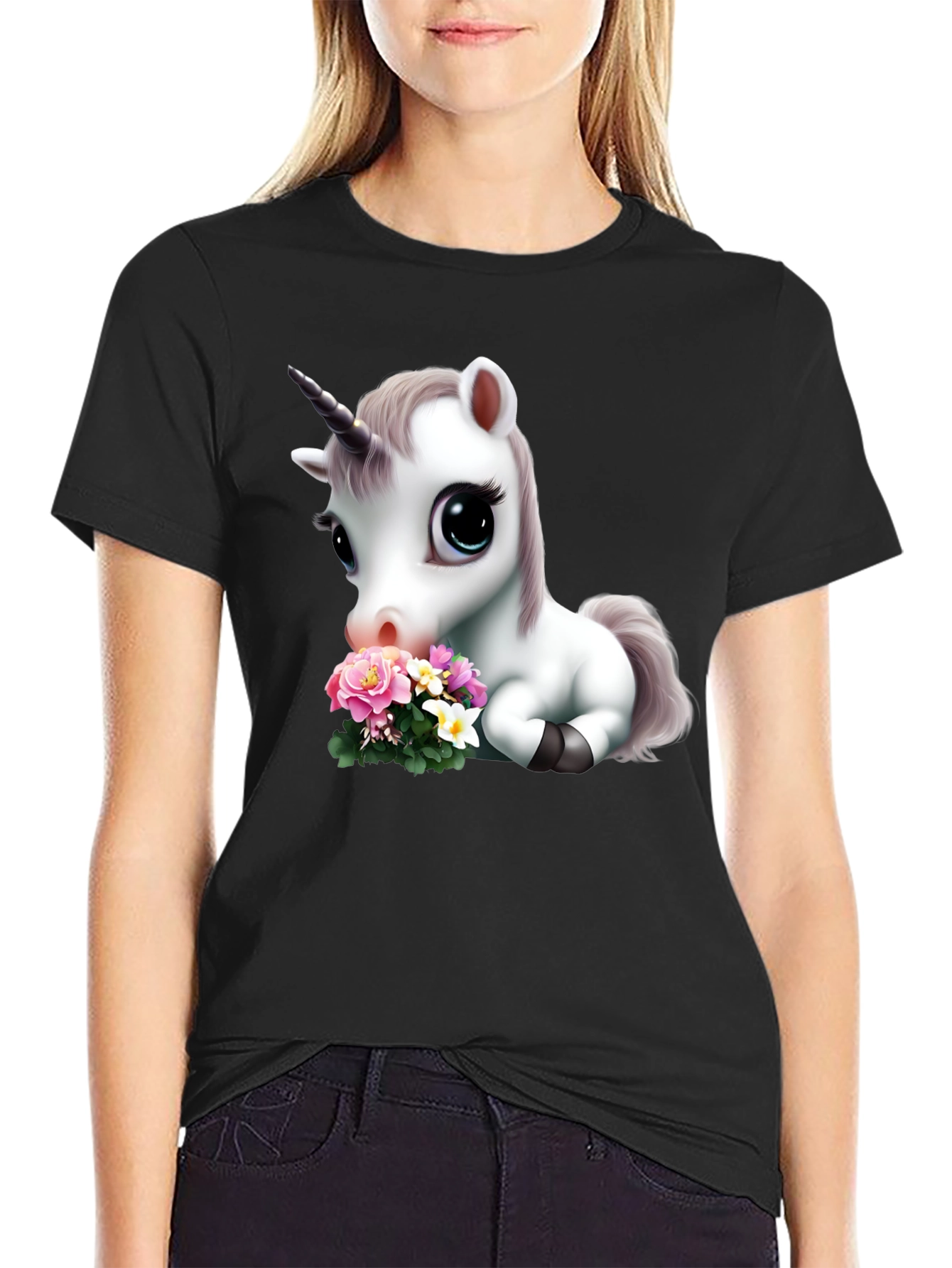 Cute Unicorn with Flowers Graphic T-Shirt