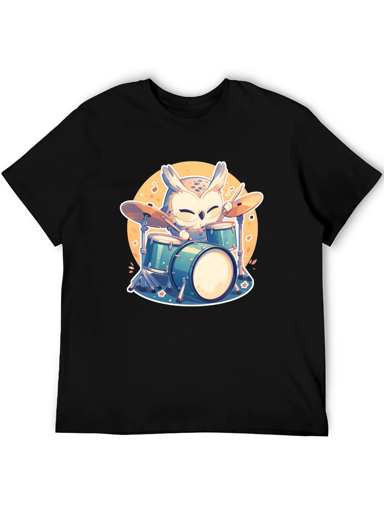Owl Drummer Black T-Shirt - Cartoon Music Design