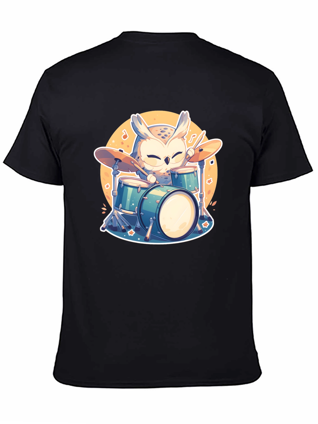 Owl Drummer Black T-Shirt - Cartoon Music Design
